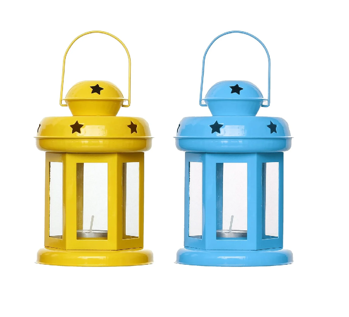 Blue Yellow Metal Wall Hanging Lantern Tea Light Candle Holders Set of 2